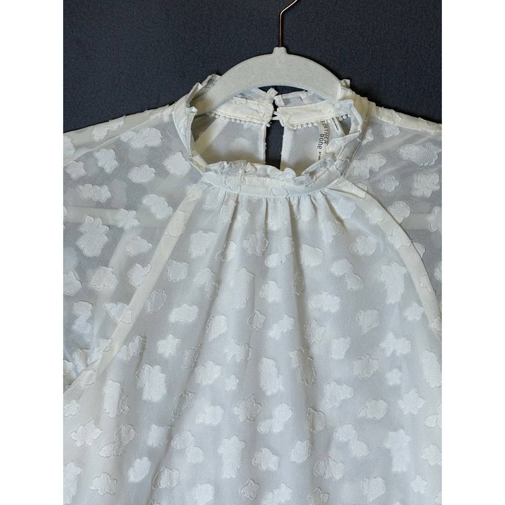 Anthropologie Feather Bone XS White Clip Dot Feminine Ruffle Neck Blouse Boho - Picture 2 of 8